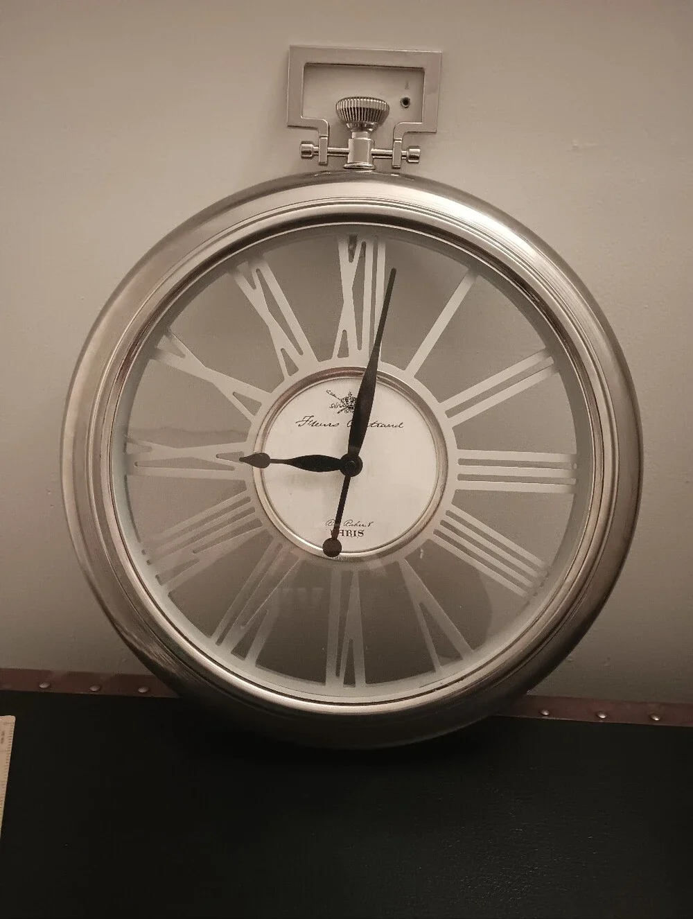 Round Pocket Watch Silver Color Roman Numeral Wall Clock Brush Nickel Finish